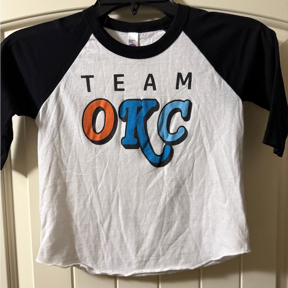 Kids Team OKC Raglan Shirt - Black and White 3/4 sleeves Size 4